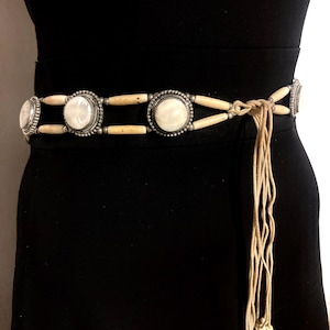 80s vintage Native American Indian white hair pipe, shell and metal decorative bead belt with long tassel tie and solid metal mounted discs
