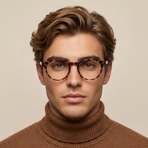 May include: Tortoiseshell spectacles with a rounded frame shape and thin rims. The glasses feature a classic brown and black mottled pattern throughout the frame, with clear lenses and small silver-toned metal accents at the outer corners.