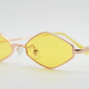 90s vintage small diamond sunglasses. Minimal gold psychedelic mod style frame with bright yellow lenses. Unused BNWT