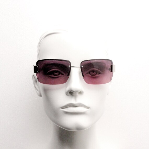 Y2K Vintage Big Rectangle Visor Sunglasses. Half Frame 2000's Chrome Trim Wrap Around with Lethal Purple Curved Lenses. 00's