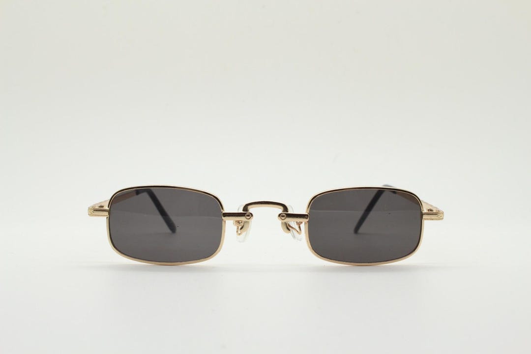 90s Vintage Small Rectangular Sunglasses. Imposing Minimal Gold