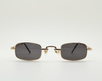 90s Vintage Small Rectangular Sunglasses. Imposing Minimal Gold
