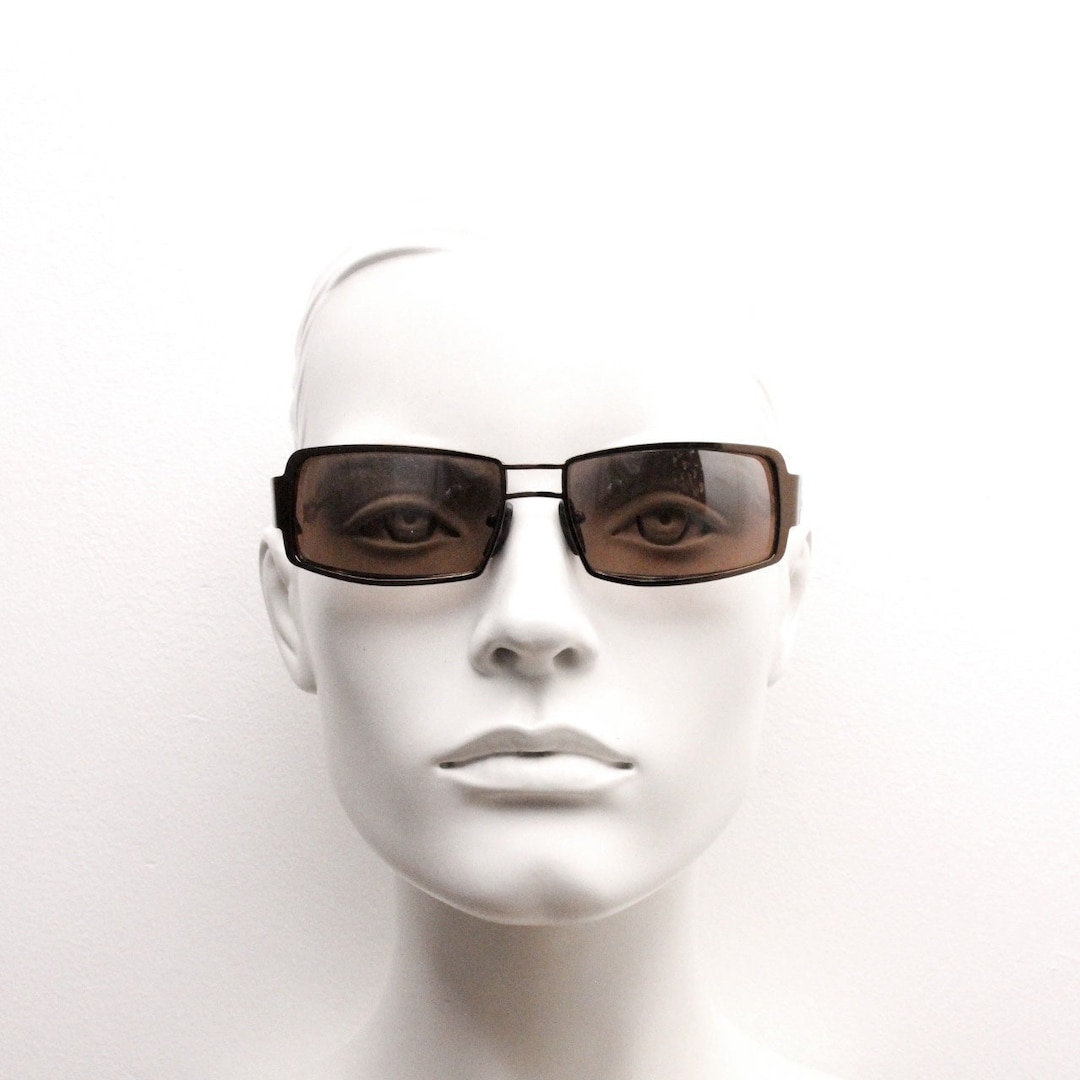 2000s Vintage Wraparound Sunglasses. Brown Chrome Finish Curved Metal