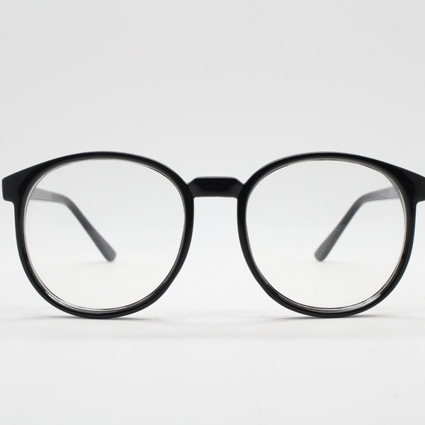 80s vintage black round glasses. Slightly oversized optical frames. Prescription eyeglasses with clear lens. RX spectacles