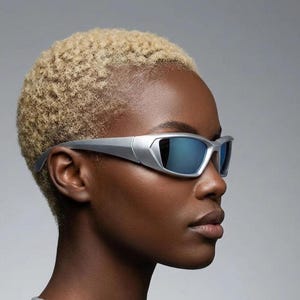 Y2K vintage visor sunglasses. Silver super hero style mini mask sport shield with blue mirror lenses. Wrap around. 2000s NOS cosplay