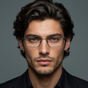 May include: A pair of rectangular spectacles with thin, dark metal frames. The glasses feature a bridge and adjustable nose pads, resting on a face with dark, wavy hair and light stubble, wearing a black collared shirt against a grey background.
