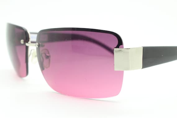 Y2K Vintage Big Rectangle Visor Sunglasses. Half Frame 2000's Chrome Trim Wrap Around with Lethal Purple Curved Lenses. 00's