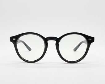 90s vintage black rounded wayfarer style glasses. Black gloss optical frames with clear lenses. Prescription eyeglasses. RX spectacles