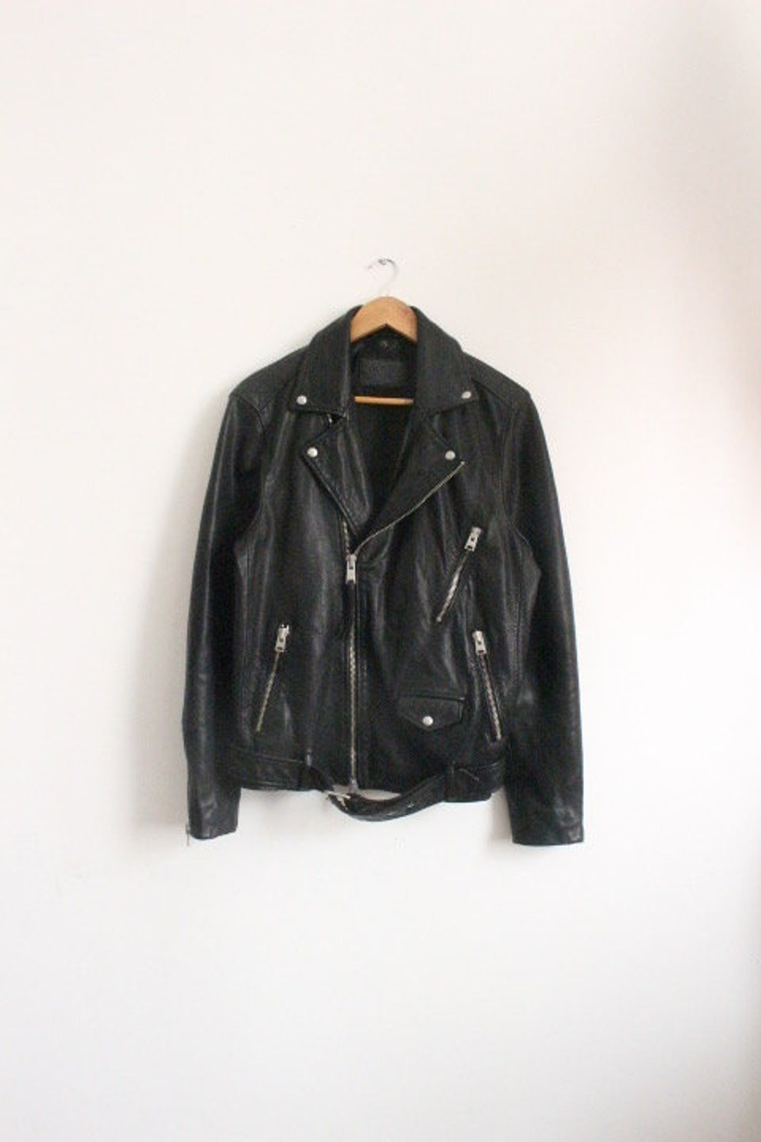 Allsaints Black Motorcycle Jacket With. Genuine Lambs Leather Hip