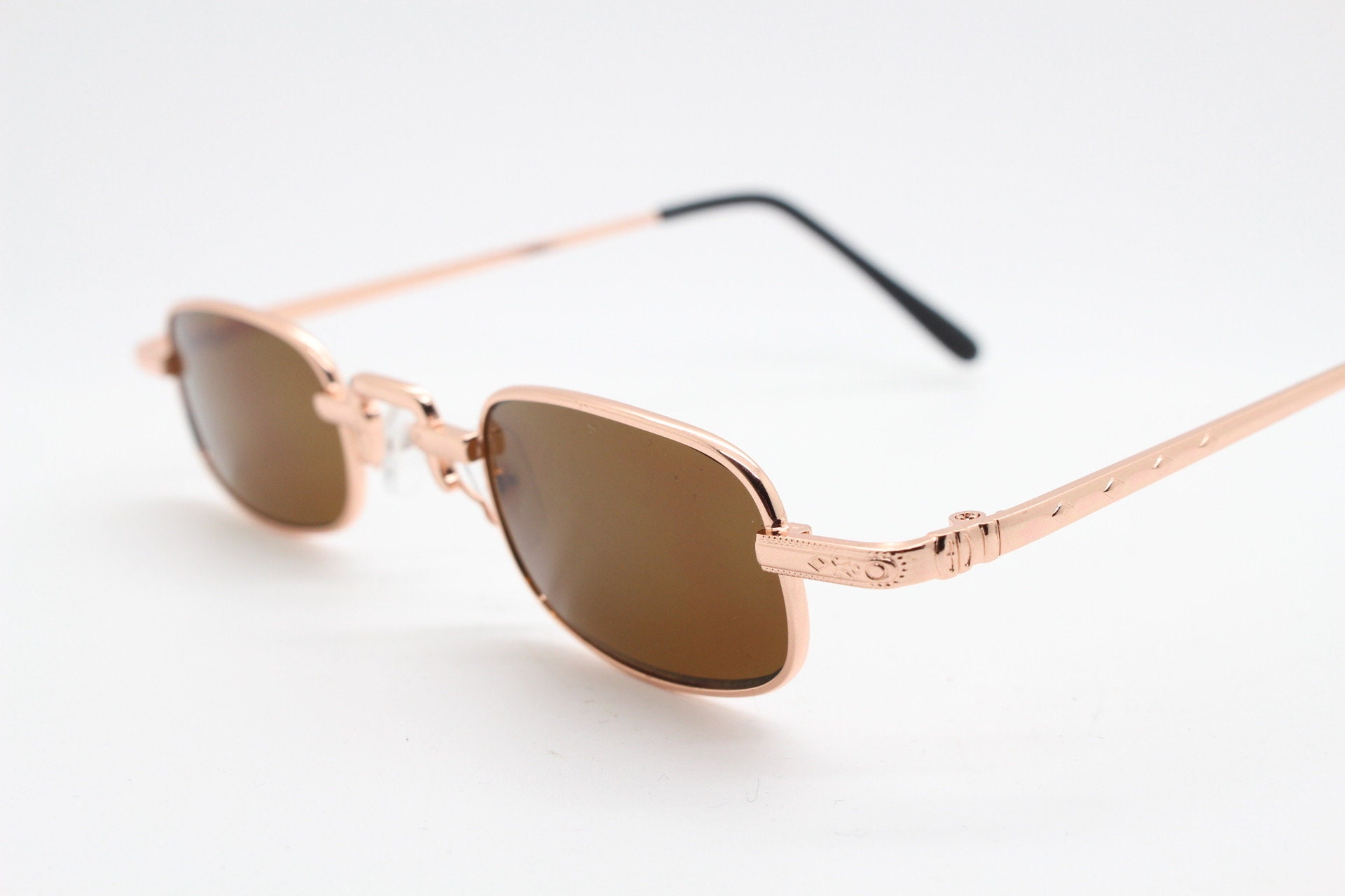 Brown / Gold Retro Hippie Rectangle 70s 80s Small Narrow Sunglasses Hippy Rectangular Vintage Sunglasses for sale | eBay main image 3