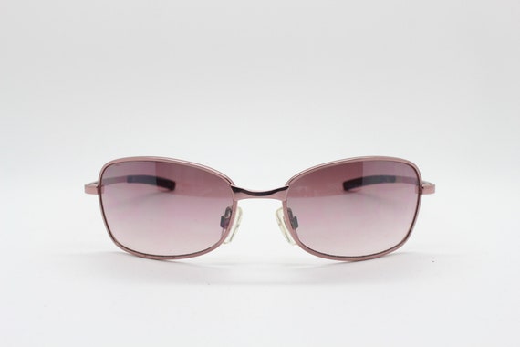 Y2K vintage curved sunglasses. Pink chrome metal … - image 3