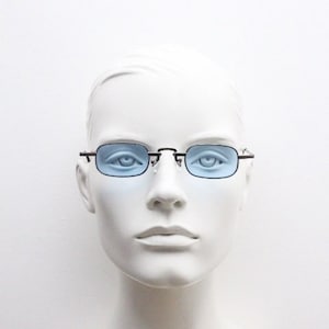 90s vintage small rectangular sunglasses. Imposing minimal gunmetal grey victorian style frame with sky blue lenses. Steampunk. Unused NOS