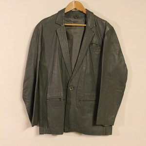 80s vintage grey genuine leather jacket. One button mens blazer design with slim lapels