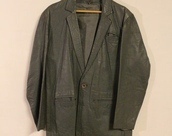 80s vintage grey genuine leather jacket. One button mens blazer design with slim lapels