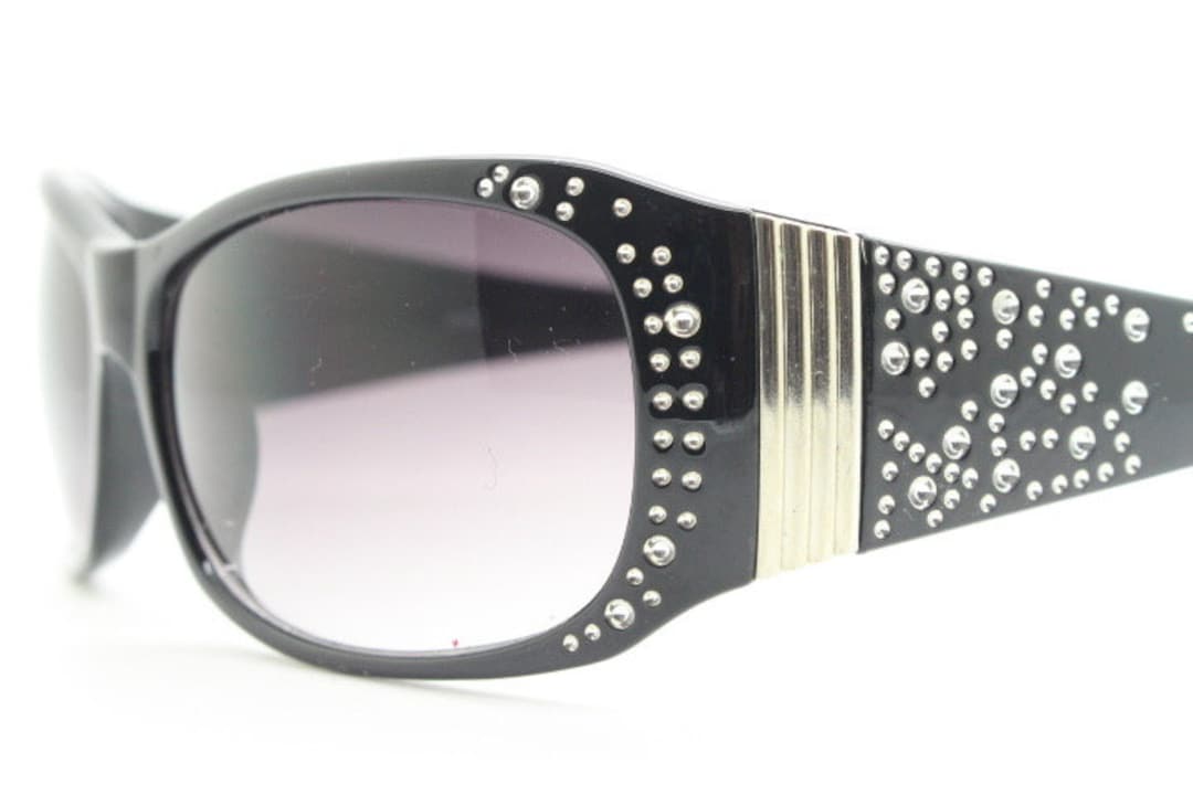 Y2K Vintage Shield Sunglasses With Sparkle Clusters. Black Wrap