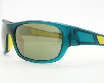 Y2K vintage visor sports shield sunglasses. Green and yellow matt wrap around with bronze mirror lenses. 90s mini mask. 2000's NOS