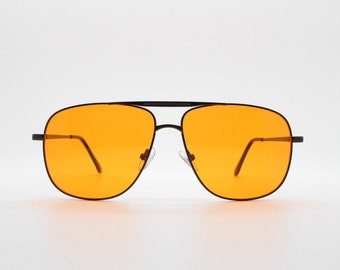 Y2K vintage square aviator sunglasses. Brown chrome metal frame 70s design aviators with light tone orange lenses. 2000s. Unused NOS