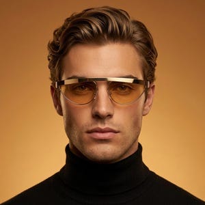 May include: Sunglasses featuring a gold-toned metal frame with a prominent flat top bar and amber-tinted lenses. The eyewear has a sleek, angular design with thin metal arms and a bridge that connects the lenses to the upper frame structure.