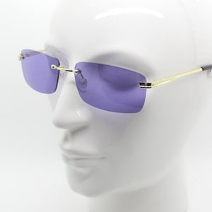 Y2K vintage frameless purple sunglasses. Rectangular lenses with gold bridge and arms. 2000s club kids. 00&#39;s. 90s Rave