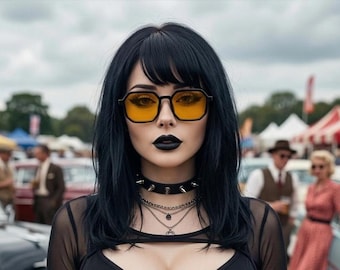May include: A pair of black-framed glasses with yellow-tinted lenses, a black spiked choker, and layered silver-toned necklaces. The wearer has shoulder-length black hair with bangs and dark lipstick, wearing a black top with sheer mesh detailing.