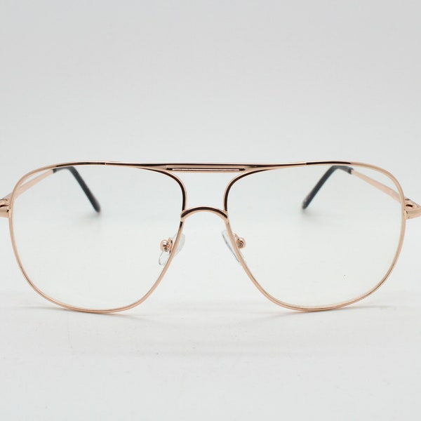 Lunettes d’aviateur carrées vintage Y2K. Monture en or rose pour homme des années 70 avec verres transparents. Aviateurs NOS non portés