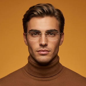 May include: Rimless eyeglasses featuring thin gold-tone metal temples and a bridge. The lenses are rectangular with rounded edges, providing a clear view of the eyes. The frame is lightweight and minimalist, focusing on the metallic structure.