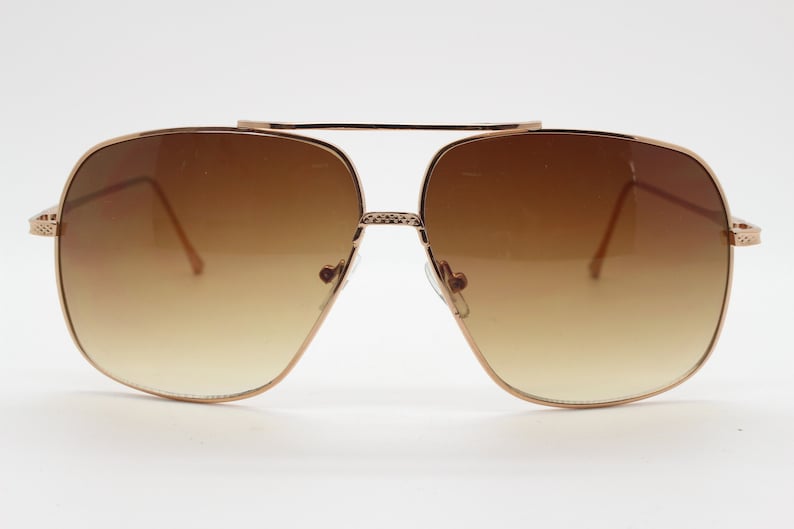 Y2K vintage square aviator sunglasses. Gold gloss metal frame 70s style aviators with sizzling brown graduating lenses. 2000s. Unused NOS image 2