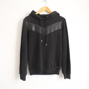 Diesel Timeless fitted pullover hoody sweatshirt. Womens all black hooded jumper with real leather V panel. BNWOT production sample Size S