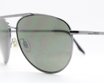 Gianfranco Ferre vintage aviator sunglasses made in Italy. Gunmetal grey chrome frame with green lenses. Mens aviators. Y2K New Old Stock