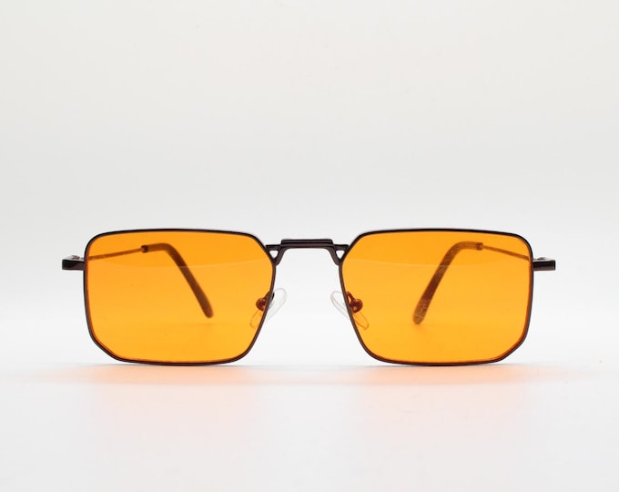 90s vintage angular 6 sided sunglasses. Brown chrome metal frame with blazing flat orange lenses. Rectangular psychedelic sunnies. BNWT