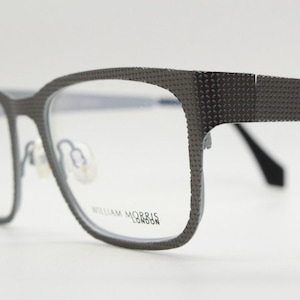 William Morris London rectangular eye glasses. Grey flat metal optical frames with textured check surface. Prescription RX eyeglasses