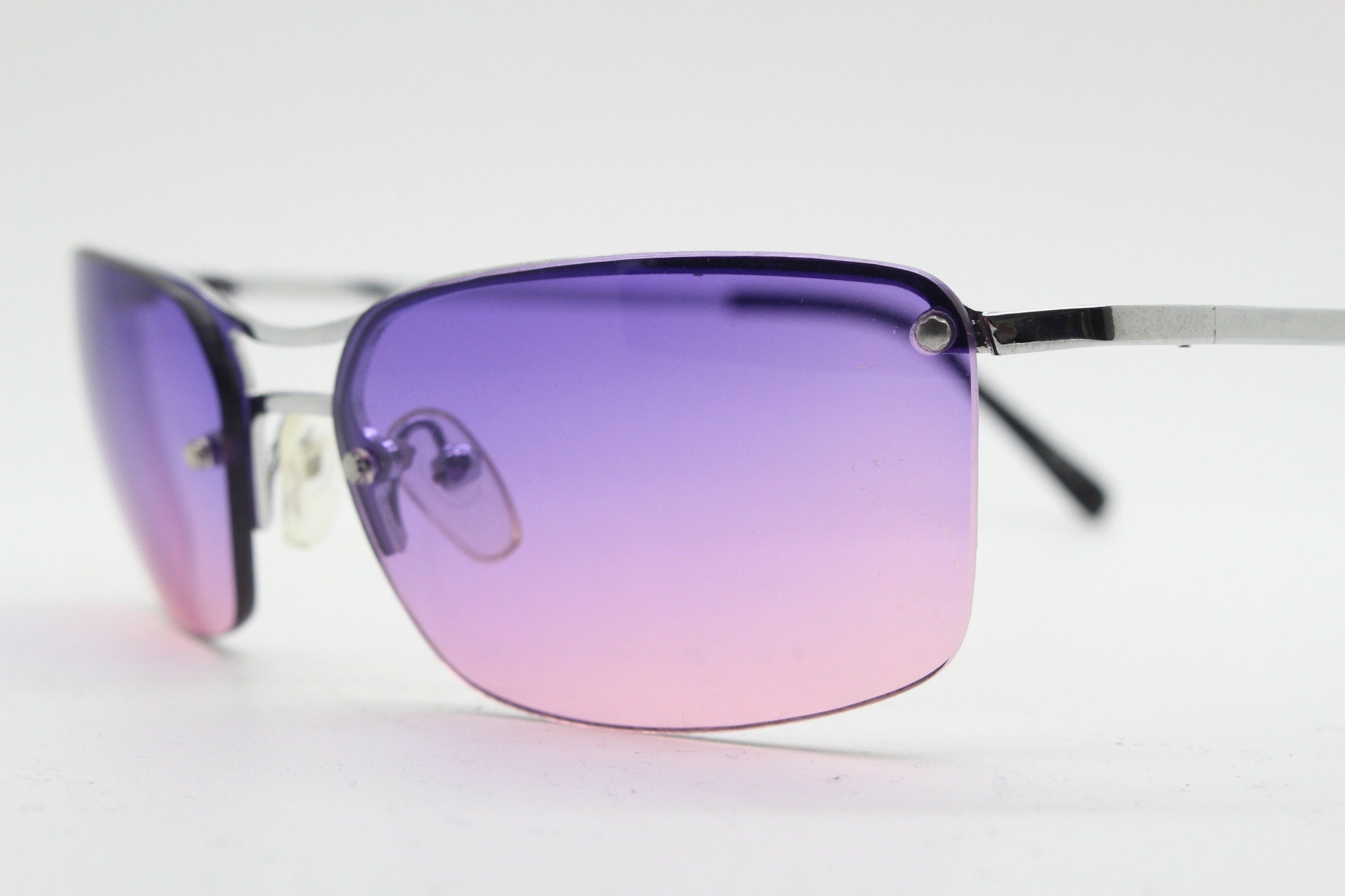 Y2K Vintage Big Rectangle Visor Sunglasses. Half Frame 2000's Chrome Trim Wrap Around with Lethal Purple Curved Lenses. 00's