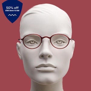 Silhouette rectangular frameless eye glasses made in Austria. Lightweight 1930s design with titanium. Red optical frame. Prescription RX