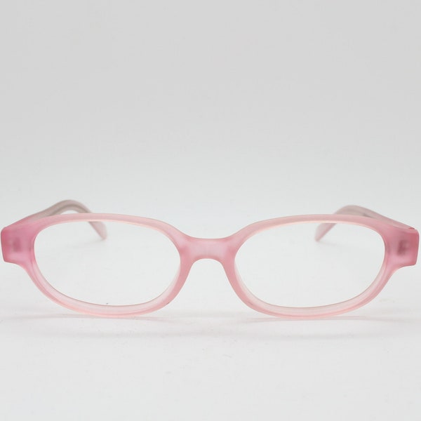 90s vintage rectangular low profile glasses. Transparent pink frosted finish optical frames. Prescription eyeglasses. RX Spectacles