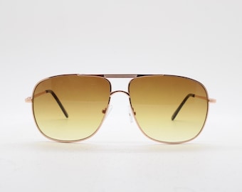 Y2K vintage square aviator sunglasses. Gold gloss metal frame 70s style aviators with sizzling brown graduating lenses. 2000s. Unused NOS