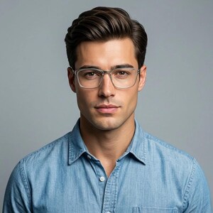 May include: A pair of clear-framed eyeglasses with a rectangular shape and thin metallic temples, worn by a person with dark brown hair styled in a side part, dressed in a light blue button-down denim shirt against a neutral gray background.