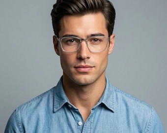 Modo rectangular eye glasses made in Japan. Matt grey titanium optical frame encasing transparent crystal acetate front. Prescription RX