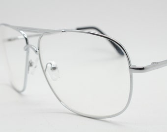 Y2K vintage square aviator glasses. Mens 70s style silver chrome frame with clear lenses. Unused NOS aviators