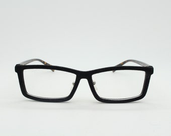 Y2K vintage black velvet glasses with tortoise arms. Stylised rectangular clear lens eyeglasses. NOS optical frames. RX spectacles