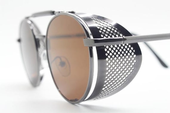 90s Vintage Round Goggle Sunglasses. All Metal Grey Chrome
