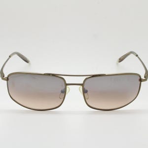90s vintage rectangular wrap around sunglasses. Gunmetal chrome curved frame squared aviator with half mirrored light tone lenses. NOS