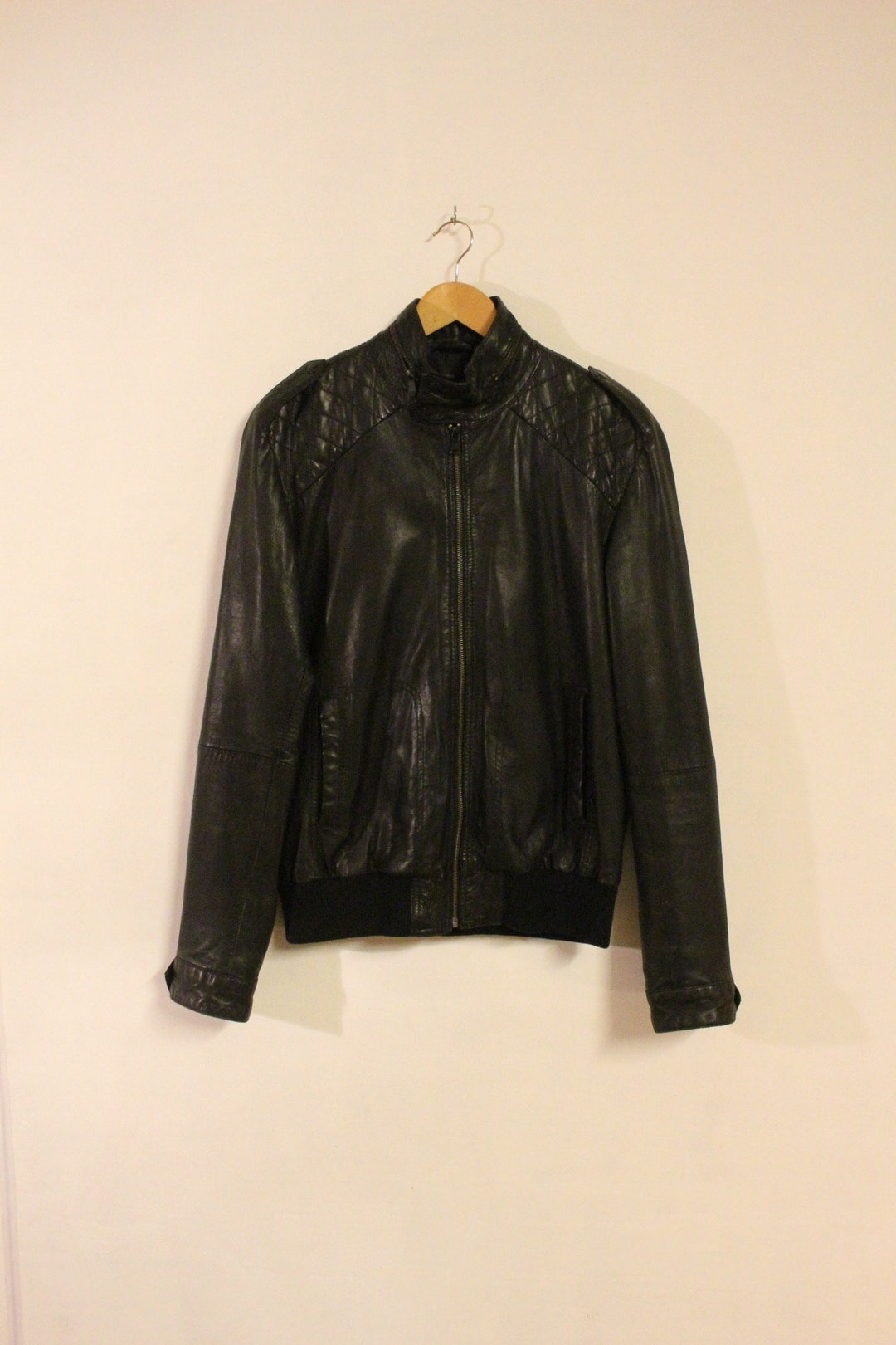 Vintage Black Genuine Leather Jacket. Mens Round Collar Zipper - Etsy UK