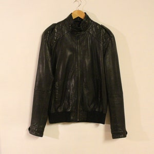 Vintage black genuine leather jacket. Mens round collar zipper bomber with quilted shoulders