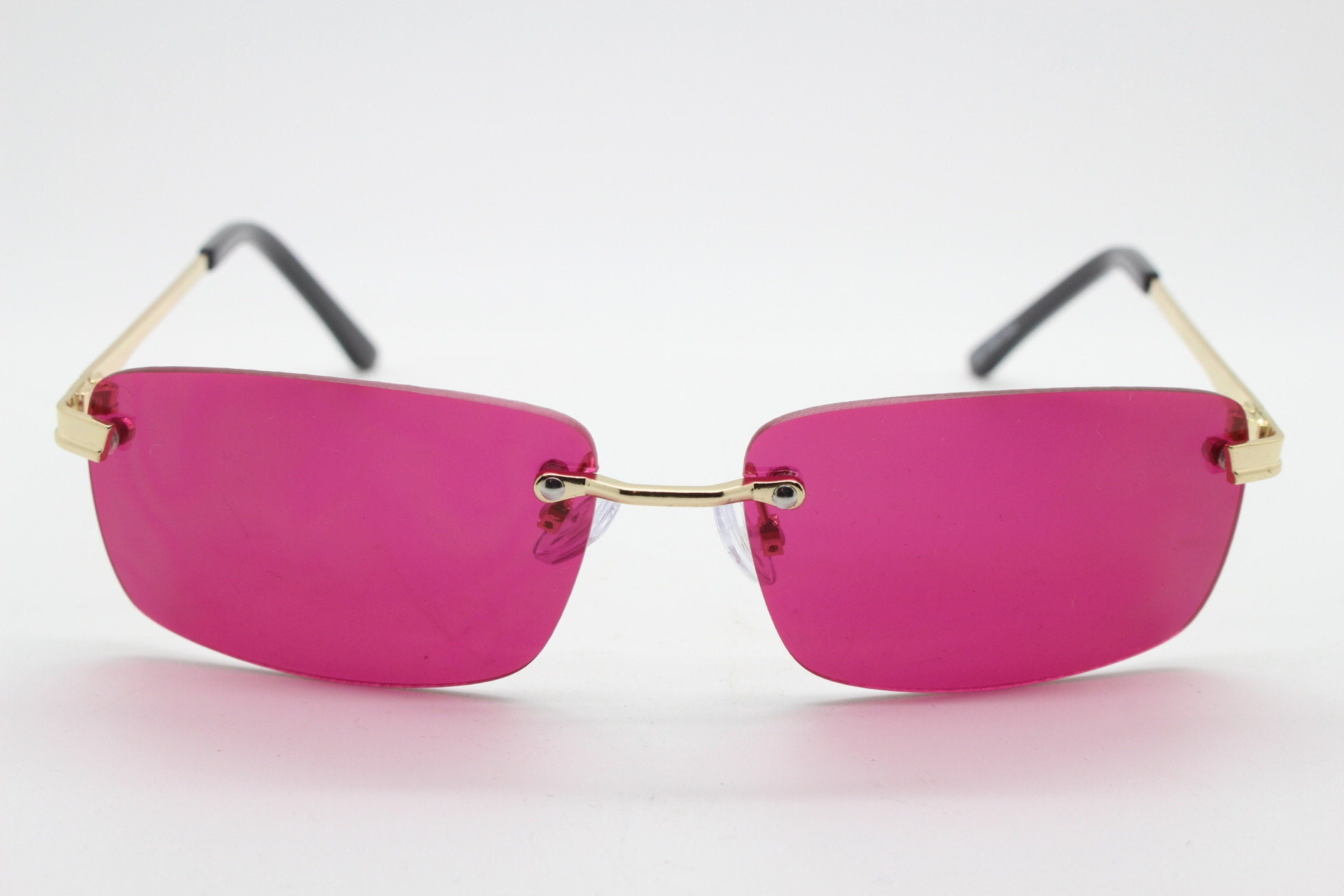 Y2K Vintage Frameless Pink Sunglasses. Rectangular Lenses 