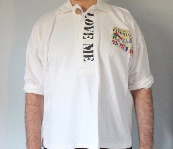 80s Vintage oversized polo shirt with 'LOVE ME' g… - image 5