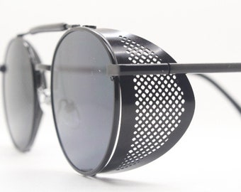 90s vintage round goggle sunglasses. All metal plain black frame with folding perforated side blinkers. Spoilers. Steampunk. Cosplay. NOS