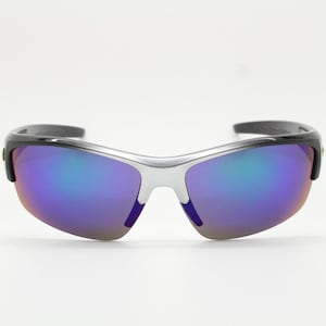 Y2K vintage visor sports shield sunglasses. Black gloss half frame wrap around with petrol blue mirror lenses. 90s mini mask. 2000&#39;s NOS