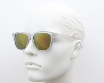 Vintage 80s square sunglasses. All time classic design in solid clear frosted frame with coloured mirror lenses. Rave party shades. NOS