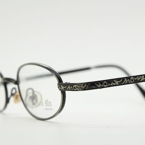 Paris Ma 90s vintage small oval eye glasses. Brushed bronze finish optical frames with ornate details. Prescription steampunk spectacles NOS