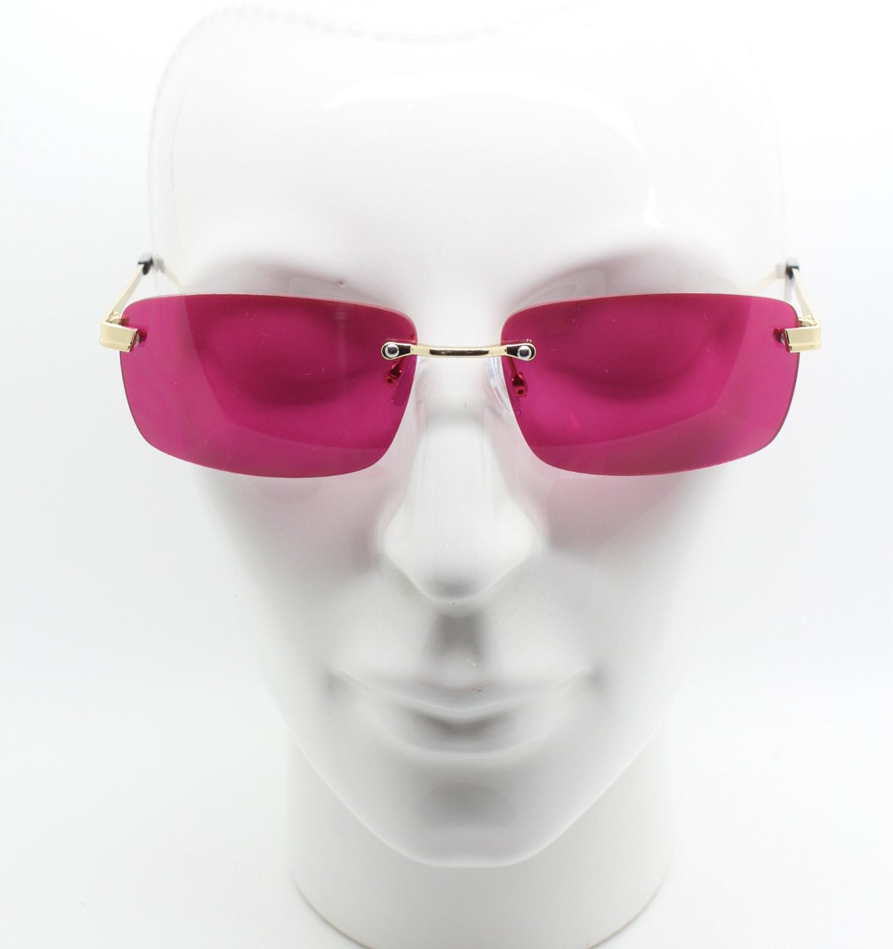 Y2K Vintage Frameless Pink Sunglasses. Rectangular Lenses with Gold Bridge and ArmS. 2000s Club Kids. 00's. 90s Rave